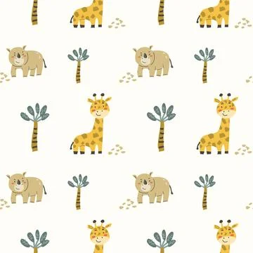 Childrens animals pattern with tropical plants. Childish cute print design Stock Illustration