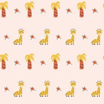 Childrens animals pattern with tropical plants. Childish cute print design 스톡 일러스트