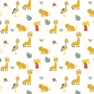 Childrens animals pattern with tropical plants. Childish cute print design Illustrazione stock