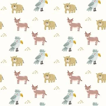 Childrens animals pattern with tropical plants. Childish cute print design イラスト素材