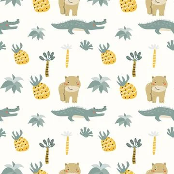 Childrens animals pattern with tropical plants. Childish cute print design Stock Illustration