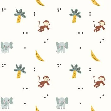 Childrens animals pattern with tropical plants. Childish cute print design イラスト素材