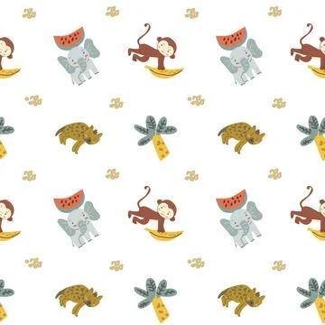 Childrens animals pattern with tropical plants. Childish cute print design イラスト素材