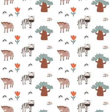 Childrens animals pattern with tropical plants. Childish cute print design Stockillustratie