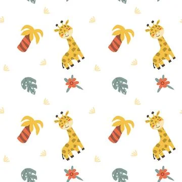 Childrens animals pattern with tropical plants. Childish cute print design イラスト素材