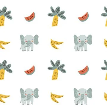 Childrens animals pattern with tropical plants. Childish cute print design Illustrazione stock