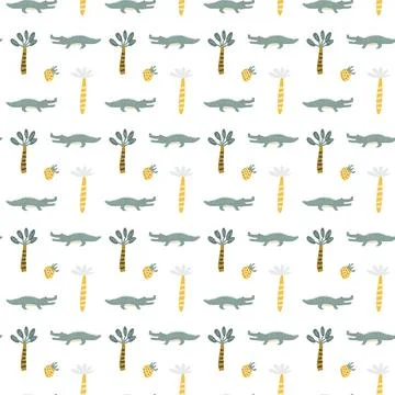 Childrens animals pattern with tropical plants. Childish cute print design イラスト素材