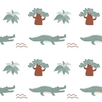 Childrens animals pattern with tropical plants. Childish cute print design イラスト素材