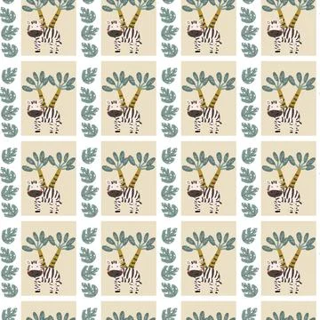 Childrens animals pattern with tropical plants. Childish cute print design イラスト素材