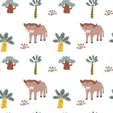 Childrens animals pattern with tropical plants. Childish cute print design 스톡 일러스트