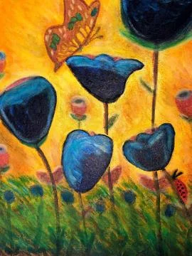 Children's Art Butterfly n Blue Tulips Stock Photos