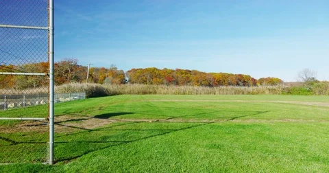 Children's baseball field in a small coastal New England Town. Stock Footage 72988059