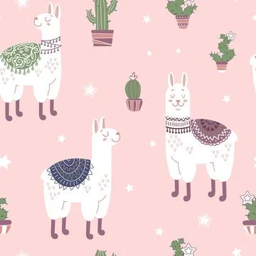 Childrens bright seamless pattern in cartoon style. Cute llamas in colorful Stock Illustration