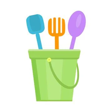 Children's bucket. Plastic container, garden tools for playing with sand. Vector Stock Illustration