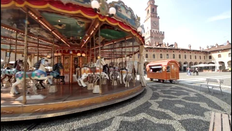 Children's carousel in the Ducale square in Vigevano Stock-Footage 89605527