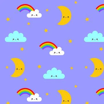 Childrens cartoon pattern. Clouds and rainbow, moon and stars on purple Stock Illustration