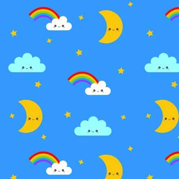Childrens cartoon pattern. Clouds and rainbow, moon and stars on a blue Stock Illustration
