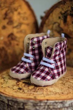 Children's checkered pattern with the shoes stand on a wooden stump Foto stock