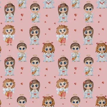 Childrens collection of seamless patterns. Cute beautiful angels kids - girls Stock Illustration