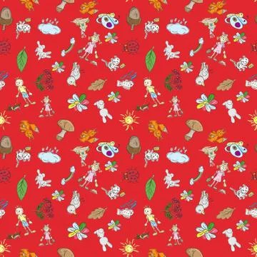 Childrens color seamless pattern in sketch style red background Stock Illustration