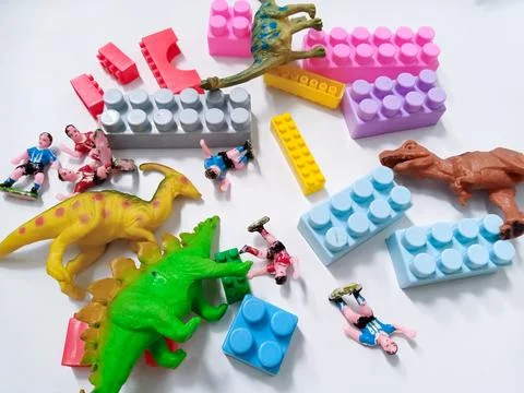 Children's colored plastic Block Bricks with dinosaur Toy Figure. Colorful .. Stock Photos