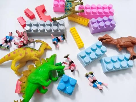 Children's colored plastic Block Bricks with dinosaur Toy Figure. Colorful .. Foto stock