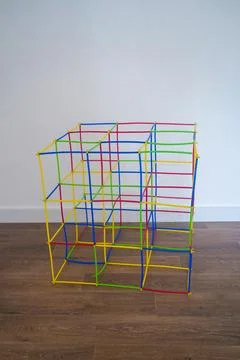 Children's colored plastic constructor in the playroom. Stock Photos