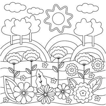 Childrens coloring book with cloud, sun, mountains Stock Illustration