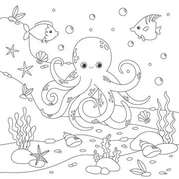 Childrens coloring book with octopus, fish, seabed Stock Illustration