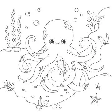 Childrens coloring book with octopus Stock Illustration
