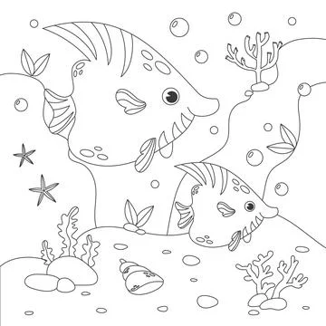 Childrens coloring book with various fish Stock Illustration