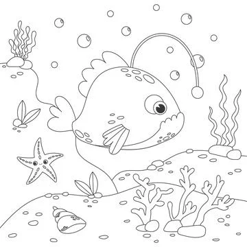 Childrens coloring book with various fish Stock Illustration