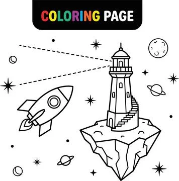 Childrens Coloring Page - Rocket Ship and Lighthouse in Outer Space. Stock Illustration