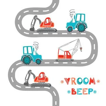 Childrens construction machinery pattern. Cartoon illustration scandinavian 스톡 일러스트