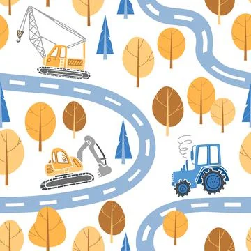Childrens construction machinery pattern. Cartoon illustration scandinavian Stock Illustration