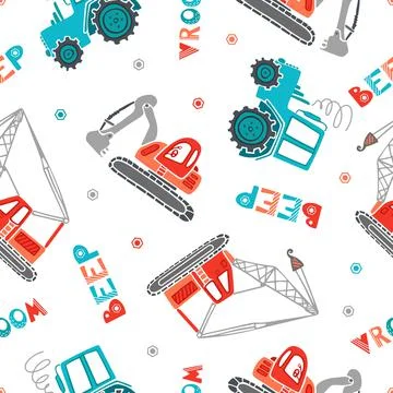 Childrens construction machinery seamless pattern. Cartoon illustration for boys Illustrazione stock