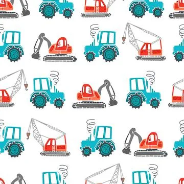 Childrens construction machinery seamless pattern. Cartoon illustration for b Stock Illustration