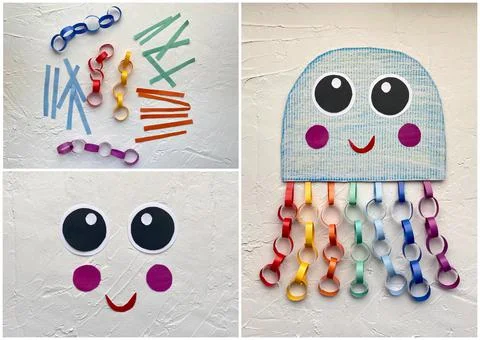 Children's creativity, a lesson on how to make a jellyfish out of paper Stock Photos