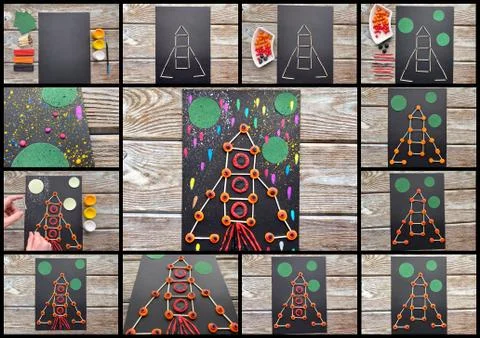 Children's creativity, rocket in space, from plasticine and matches, Stock Photos
