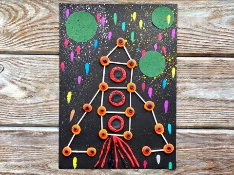 Children's creativity, rocket in space, from plasticine and matches, Stock-Fotos