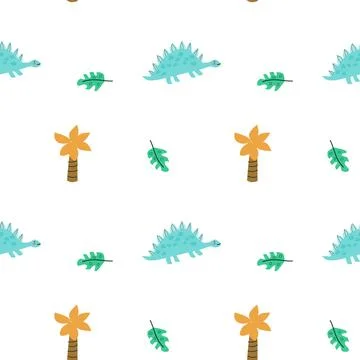 Childrens cute animals pattern - doodle baby dinosaur seamless background Stock Illustration