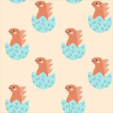 Childrens cute animals pattern - doodle baby dinosaur seamless background Stock Illustration