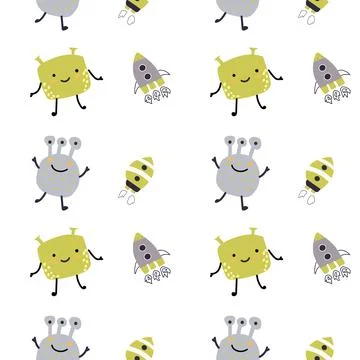 Childrens cute pattern with monsters or aliens in space. Galaxy elements and Stock Illustration