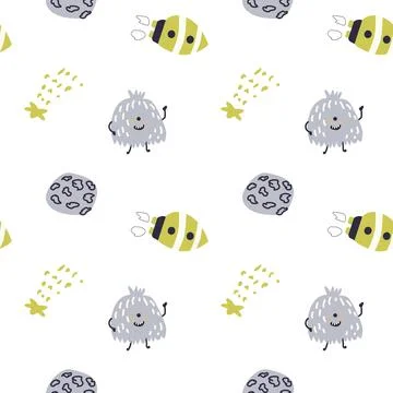 Childrens cute pattern with monsters or aliens in space. Galaxy elements and Stock Illustration