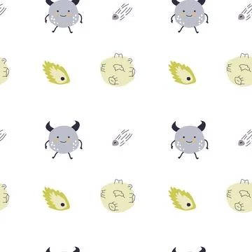 Childrens cute pattern with monsters or aliens in space. Galaxy elements and Stock Illustration