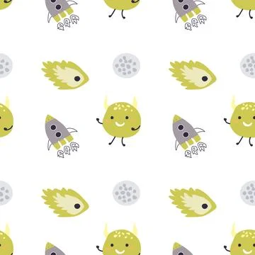Childrens cute pattern with monsters or aliens in space. Galaxy elements and 库存插图
