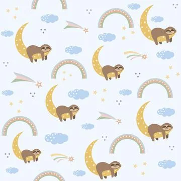 Children's cute pattern of sleeping Sloths among clouds, stars and rainbows,  Stock Illustration