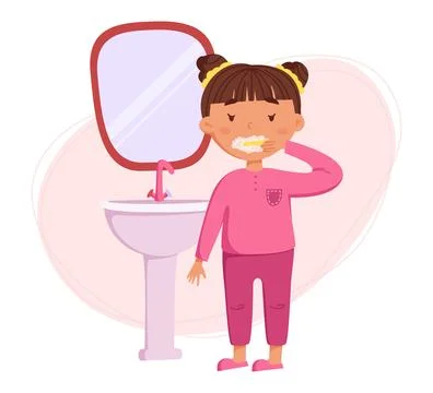 Children's daily routine vector illustration. Cute cheerful girl brushing t.. Stock Illustration