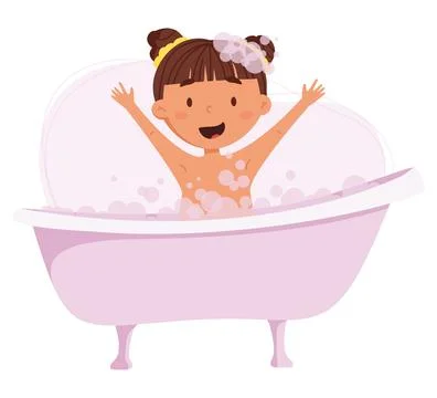 Children's daily routine vector illustration. Cute cheerful girl taking a b.. Stock Illustration