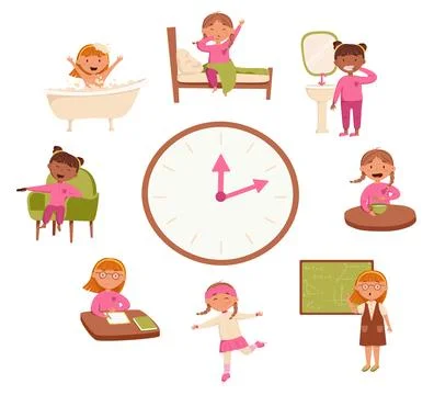 Children's daily routine vector illustration. Cute cheerful girls wakes up .. Stock Illustration